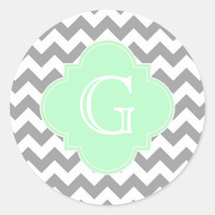 Sticker Rond Monogramme blanc gris Chevron Mint Quatrefoil