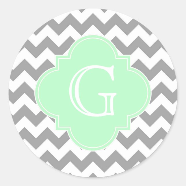 Sticker Rond Monogramme blanc gris Chevron Mint Quatrefoil (Devant)