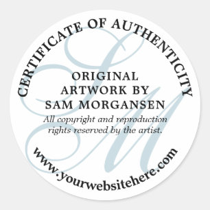 Sticker Rond Monogramme bleu Élégant certificat d'authenticité