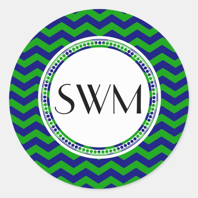 Sticker Rond Monogramme bleu et vert Chevron Personnalisé (Devant)