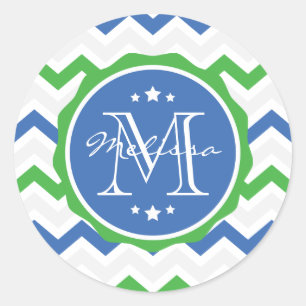 Sticker Rond Monogramme bleu et vert de coutume de Chevron