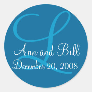 Sticker Rond Monogramme bleu L, prénoms et sceau de date