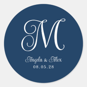 Sticker Rond Monogramme bleu marine et blanc assez curé Mariage