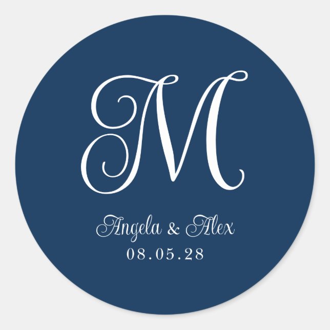 Sticker Rond Monogramme bleu marine et blanc assez curé Mariage (Devant)