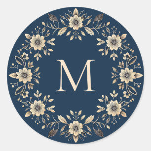 Sticker Rond Monogramme bleu marine ornemental traditionnel