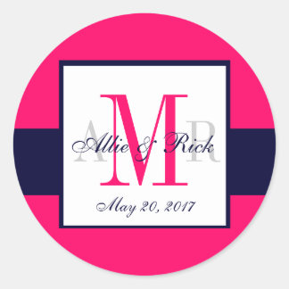 Sticker Rond Monogramme bleu marine rose Noms Mariage Faveur