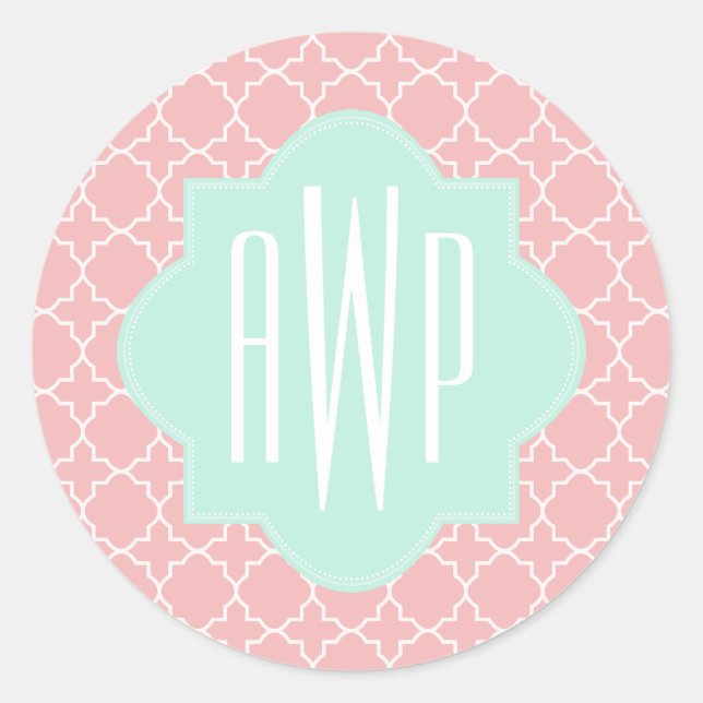 Sticker Rond Monogramme bleu + Quatrefoil corail (Devant)