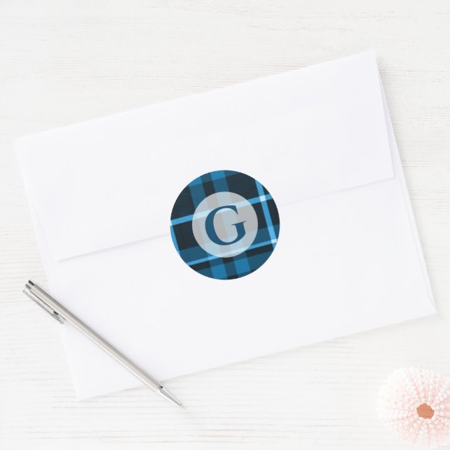 Sticker Rond Monogramme bleu Tartan Plaid (Enveloppe)
