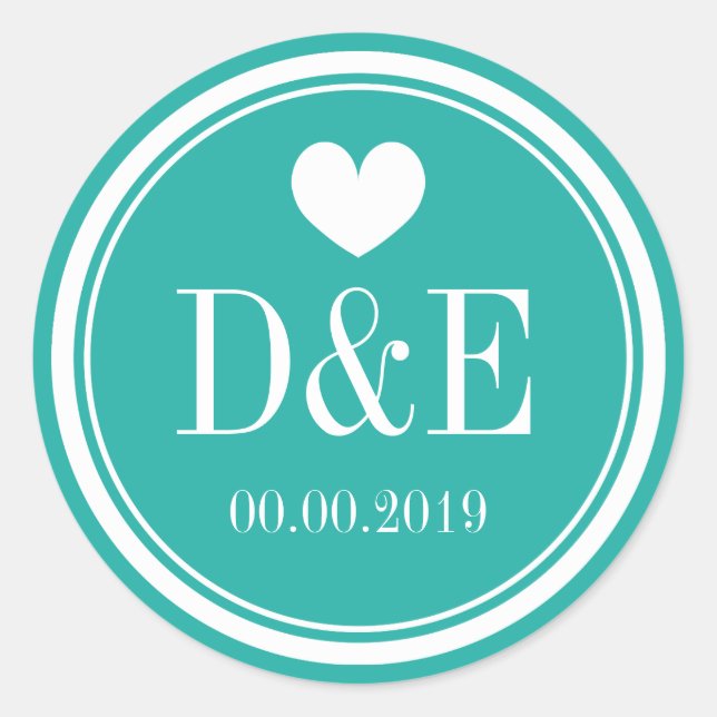 Sticker Rond Monogramme bleu turquoise pour le mariage (Devant)