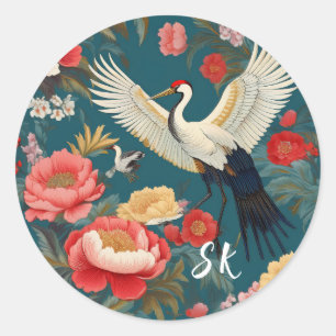 Sticker Rond Monogramme Blue & Red Floral & grues Chinoiserie