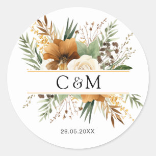 Sticker Rond Monogramme, boho, boquet de fleurs élégant