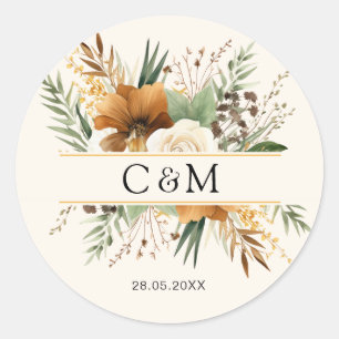 Sticker Rond Monogramme, boho, bouquet de fleurs élégant