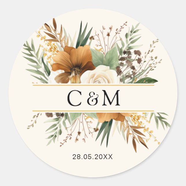 Sticker Rond Monogramme, boho, bouquet de fleurs élégant (Devant)