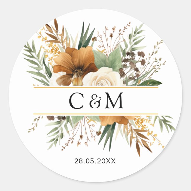 Sticker Rond Monogramme, boho, bouquet de fleurs élégant (Devant)
