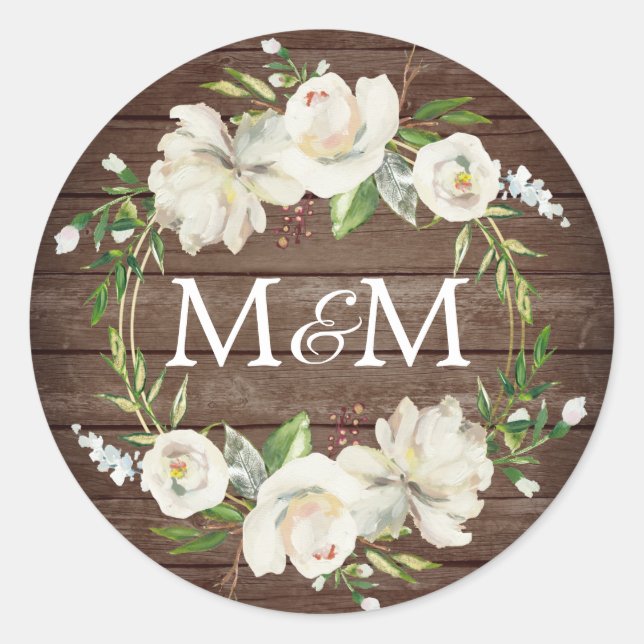 Sticker Rond Monogramme Bois rustique Antique Blanc Floral Mari (Devant)