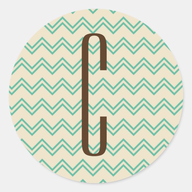 Sticker Rond Monogramme Brown sur Motif Turquoise Green Chevron (Devant)