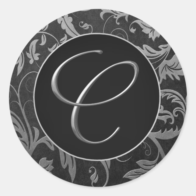 Sticker Rond Monogramme C Silver et phoque Mariage damassé noir (Devant)