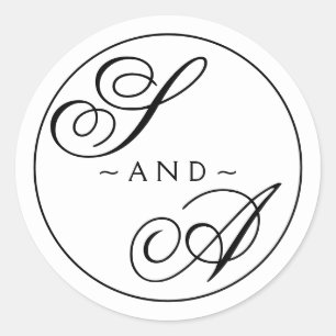 Sticker Rond Monogramme Calligraphie noir et blanc Mariage