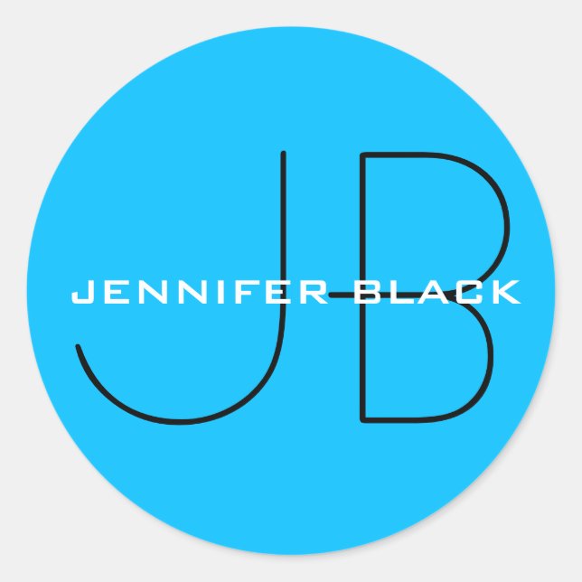 Sticker Rond Monogramme Capri bleu minimaliste Nom moderne (Devant)