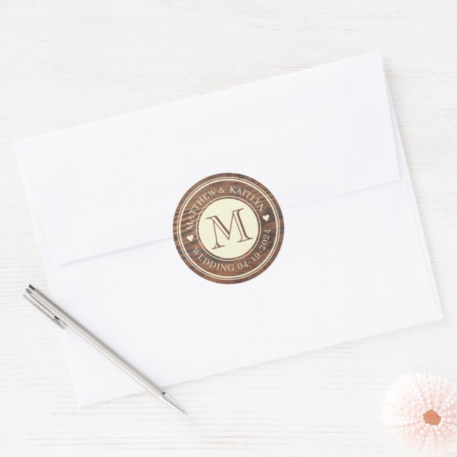 Sticker Rond Monogramme cardiaque Mariage rustique en noix fonc (Enveloppe)