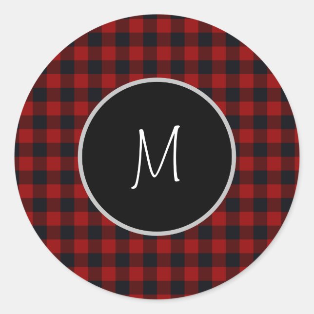 Sticker Rond Monogramme carreau de bœuf rouge et noir (Devant)