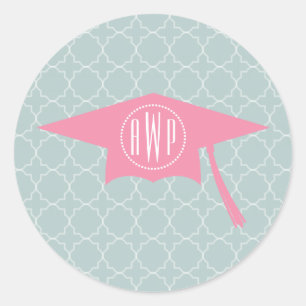 Sticker Rond Monogramme Casquette de graduation rose + Quatrefo