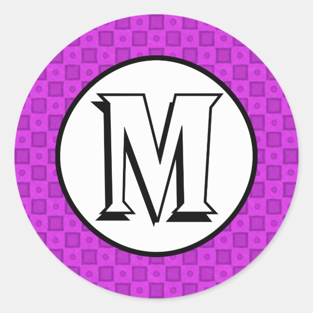 Sticker Rond Monogramme cercles et carrés sur un motif violet (Devant)