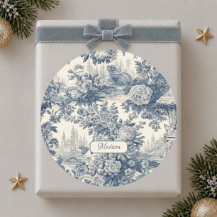 Sticker Rond Monogramme Chic Floral Bleu Vintage Toile