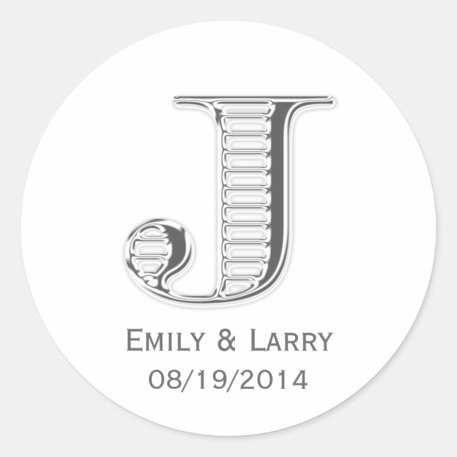 Sticker Rond Monogramme chromé blanc imprimé J mariage faveur (Devant)