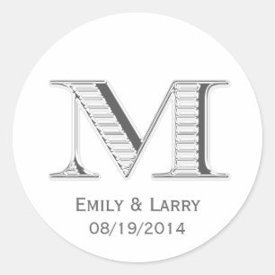 Sticker Rond Monogramme chromé blanc imprimé M mariage faveur