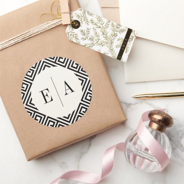 Sticker Rond Monogramme classique Géométrique Grec Clé Chic Mar (Cadeaux)