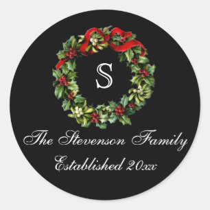 Sticker Rond Monogramme classique Holly Wreath Custom Christmas