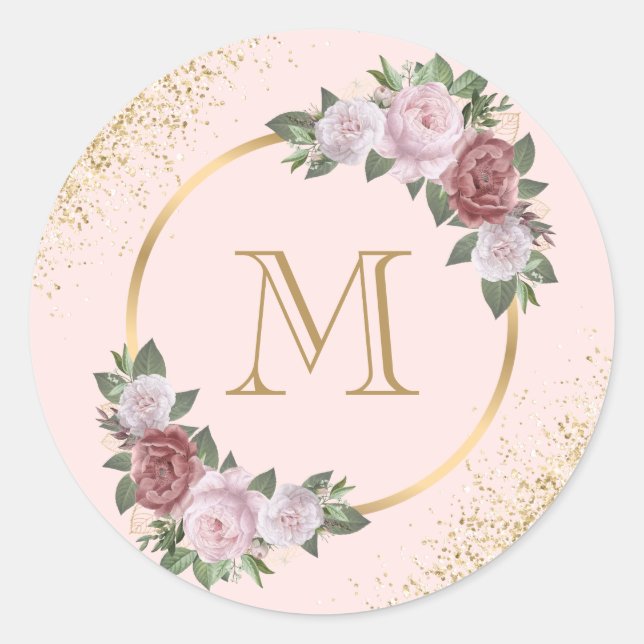 Sticker Rond Monogramme Confettis Floral Or Rose (Devant)