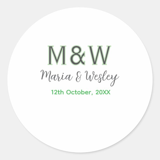 Sticker Rond Monogramme couple gris vert moderne date romantiqu (Devant)