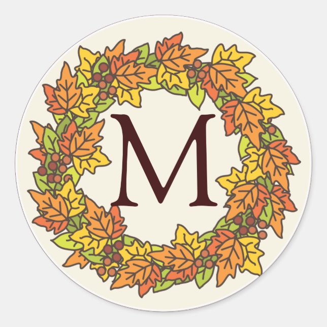 Sticker Rond Monogramme couronne d'automne du sceau Feuille (Devant)