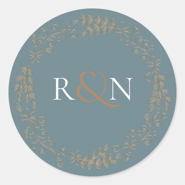 Sticker Rond Monogramme Couronne de Laurier Floral Or (Devant)