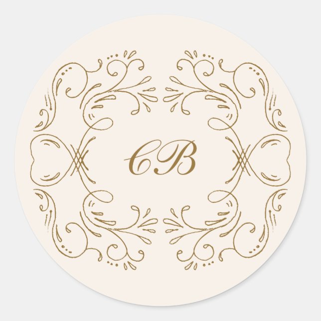 Sticker Rond Monogramme Couronne Flourish Or Wedding Date Éléga (Devant)