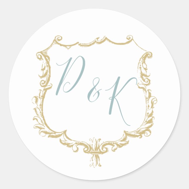 Sticker Rond Monogramme Crest Gold Dusty bleu Mariage (Devant)