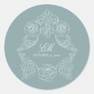 Sticker Rond Monogramme Crest Ornement Dusty Blue Mariage Logo