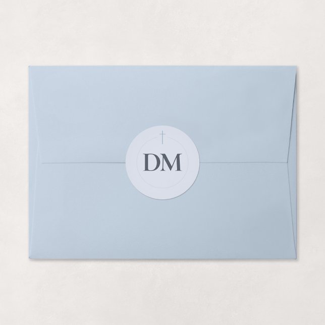Sticker Rond Monogramme Croix Bleu Grâce (Grace | Blue - Minimal Cross Monogram Sticker, Shown on Envelope)