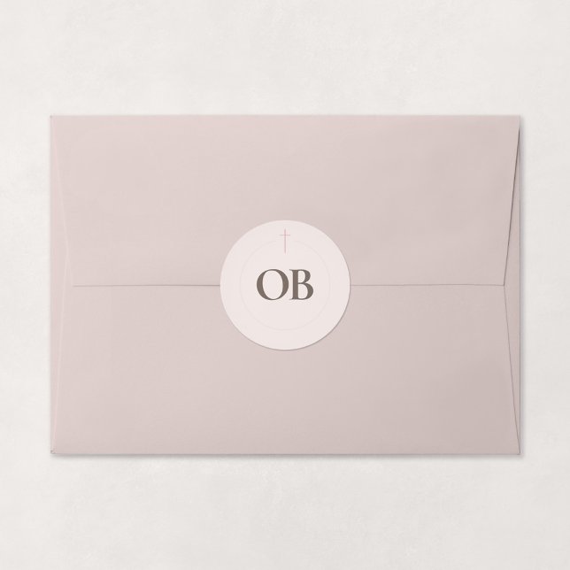 Sticker Rond Monogramme Croix Grace Blush (Grace | Blush - Minimal Cross Monogram Sticker, Shown on Envelope)