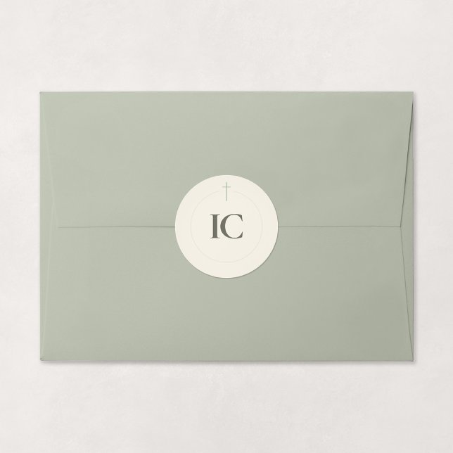 Sticker Rond Monogramme Croix Grace Sage (Grace | Sage - Minimal Cross Monogram Sticker Shown on Envelope)