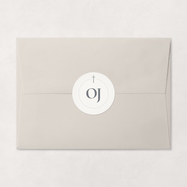 Sticker Rond Monogramme Croix Grace Stone (Grace | Stone - Minimal Cross Monogram Sticker, Shown on Envelope)