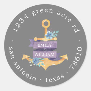 Sticker Rond monogramme d'adresse de retour en or à l'ancre flo