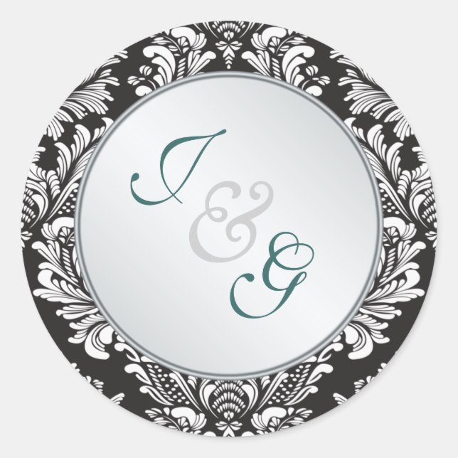 Sticker Rond Monogramme Damask noir blanc Mariage (Devant)
