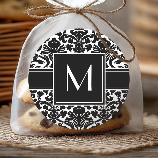 Sticker Rond Monogramme - Damassé noir et blanc (Personalized Sticker)