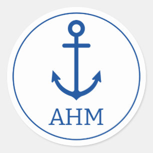 Sticker Rond Monogramme d'Ancre marine bleu et blanc simple