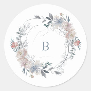 Sticker Rond Monogramme d'aquarelle romantique à couronne flora