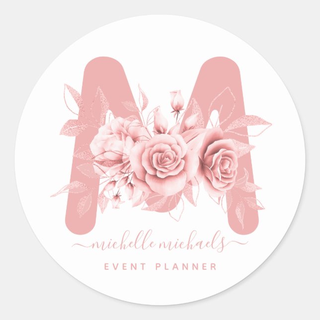 Sticker Rond Monogramme d'aquarelle rose or (Devant)