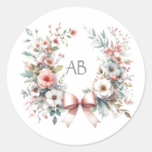 Sticker Rond Monogramme de Baby Shower Floral à Ruban Romantiqu
